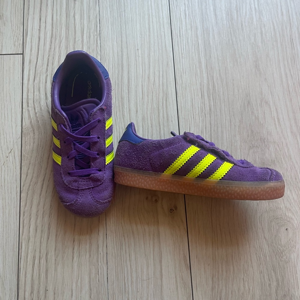 Adidas Kids Purple Sneakers with Yellow Stripes Gazelles